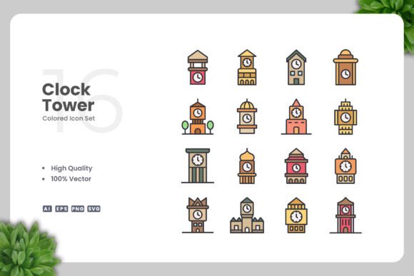 Clock Tower Color Icons for Clean Vector Design