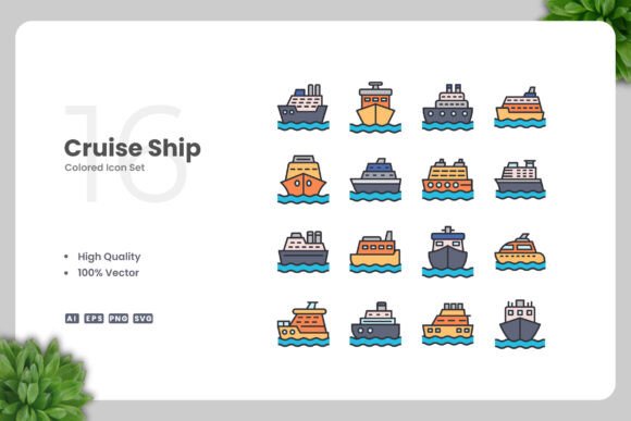Cruise Ship Color Icons: Clean Vector Graphics for Versatile Design Needs